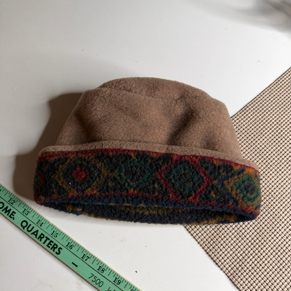 Vintage Sassy Hat & Co Brown Fleece Beanie Geometric Trim 90s Carrollton PA